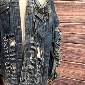 THRILL JEANS - size 1x Rare and Custom Distressed -long Denim Jacket